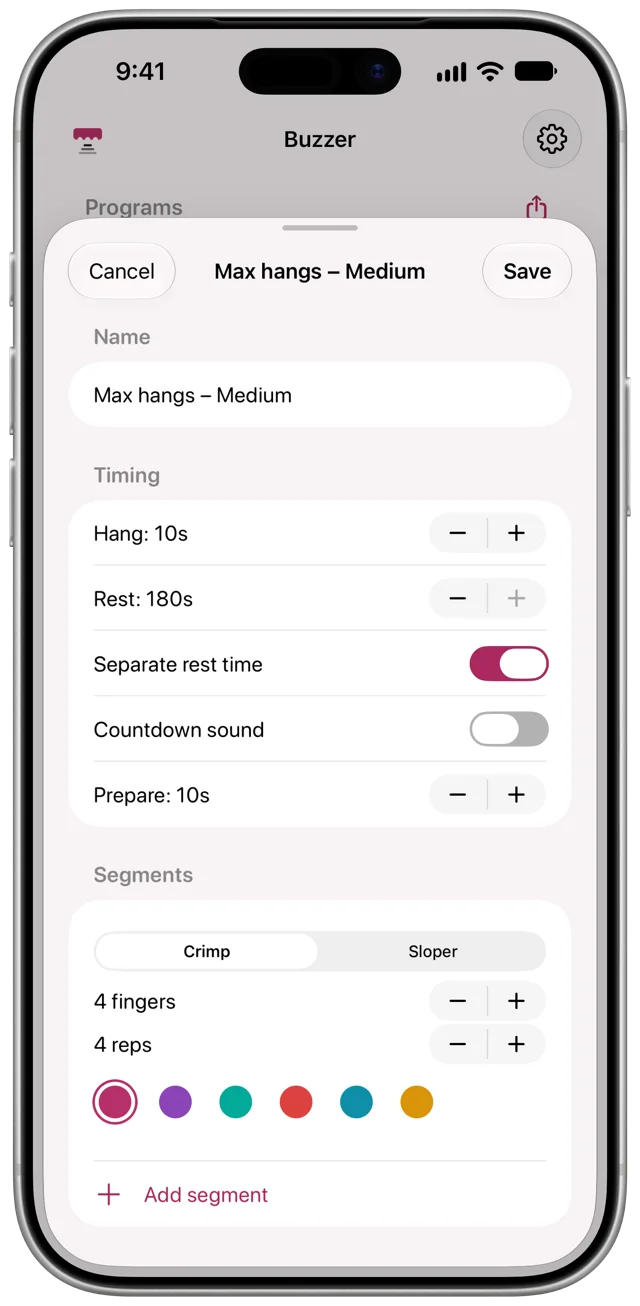 Editing the Max hangs program. You set the hang, rest and prepare times, turn the countdown sound on or off, and add segments with a grip type, finger count and number of reps.