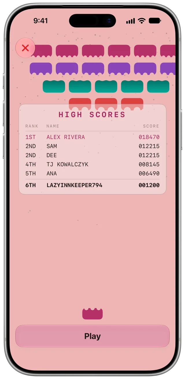 The high score table shown after a session, with your rank among Game Center players and a Play button to go again.