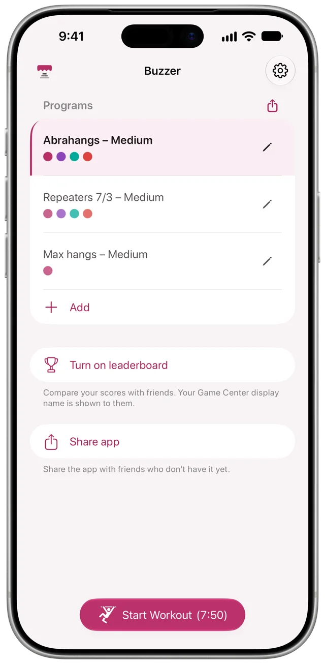 The Buzzer home screen with a list of your training programs, here the Abrahangs, Repeaters 7/3 and Max hangs presets. Below are options to turn on the leaderboard and share the app, and the start button shows the total session time.