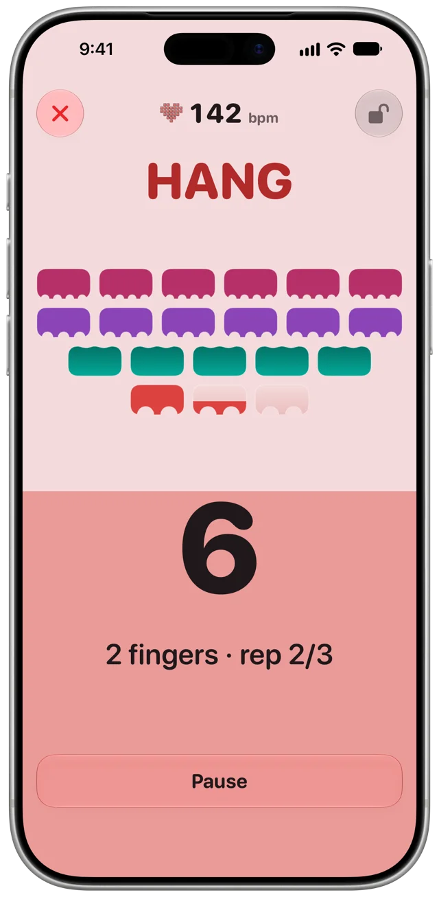 The workout screen mid-hang. HANG is shown above a board of the session's reps and a large countdown, with the current finger count and rep, your live heart rate and a Pause button.
